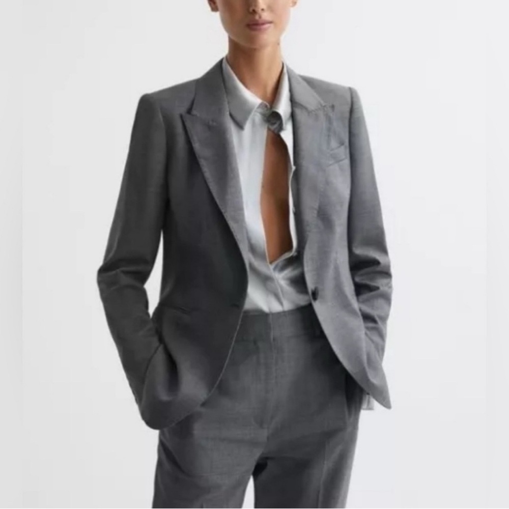 Reiss Layton Tailored Fit Wool Blend Single Breasted Grey Blazer Size 10